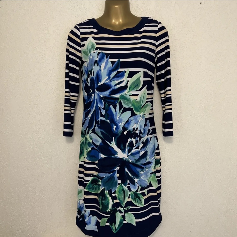 Vince Camuto Multicolor Floral/Striped 3/4 Sleeves Midi  Dress Size 2